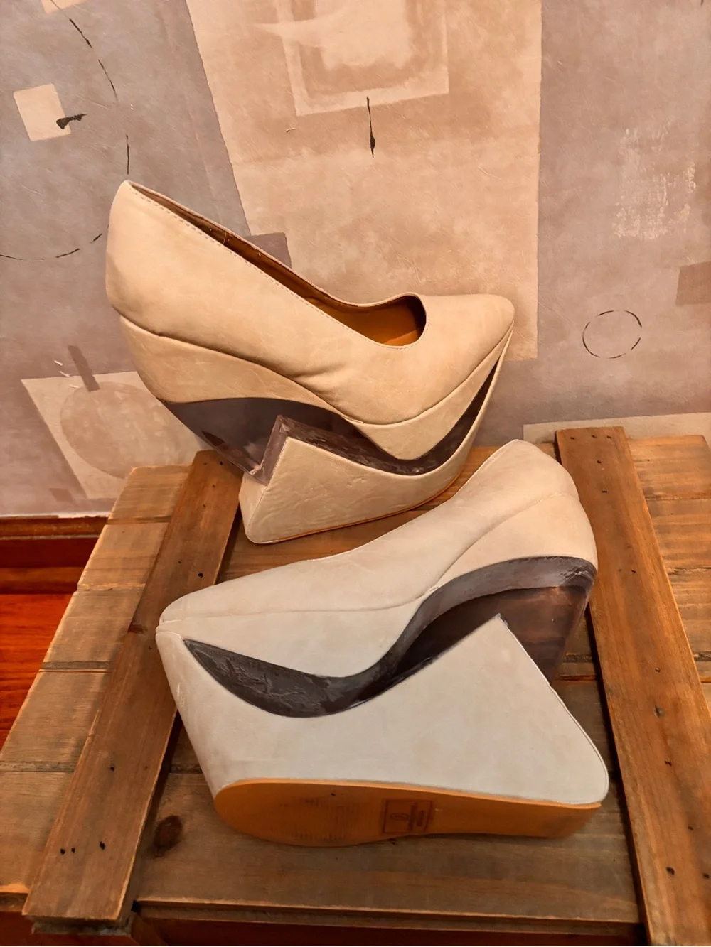 Beige Platform Wedge Pumps
